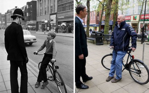 Уличный фотограф воспроизвёл снимки, сделанные десятилетия назад на улицах Питерборо (29 фото)
