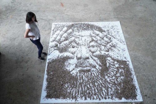 Художница создала детализированный портрет из 20 000 семян подсолнухов