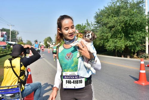 Во время марафона тайская спортсменка нашла щенка и пробежала с ним в руках оставшиеся 30 км (4 фото + видео)