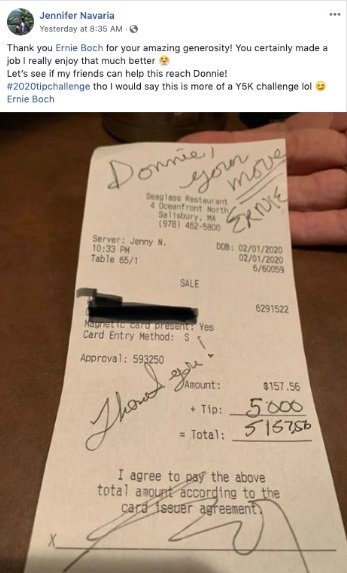 Участвуя в челлендже, посвященном чаевым, миллионер из Бостона оставил официантке чаевые в размере 5000 долларов за 157-долларовый счет (2 фото)