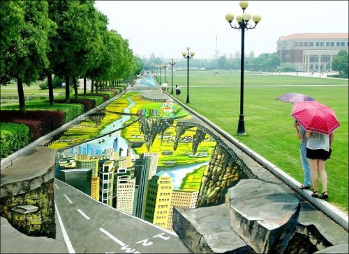 В Китае нарисовали крупнейший в мире меловой 3D-рисунок (5 фото)