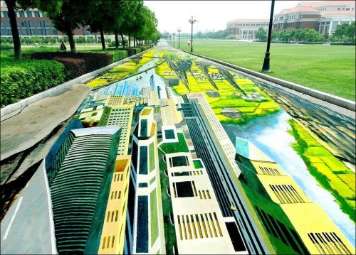 В Китае нарисовали крупнейший в мире меловой 3D-рисунок (5 фото)