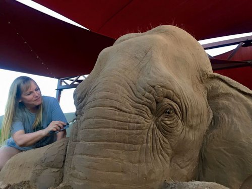 Невероятно детализированная песчаная скульптура слона, играющего с мышкой в шахматы (8 фото)
