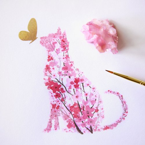 Акварельные рисунки животных из цветущей вишни (5 фото)