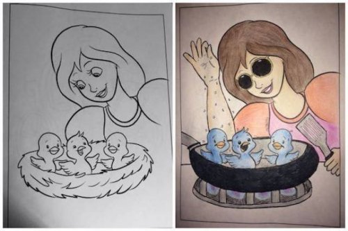 Детские раскраски в руках взрослых превращаются в хоррор-рисунки (19 фото)