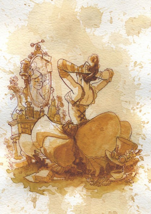 Иллюстрации в стиле стимпанк, нарисованные чаем (30 фото)