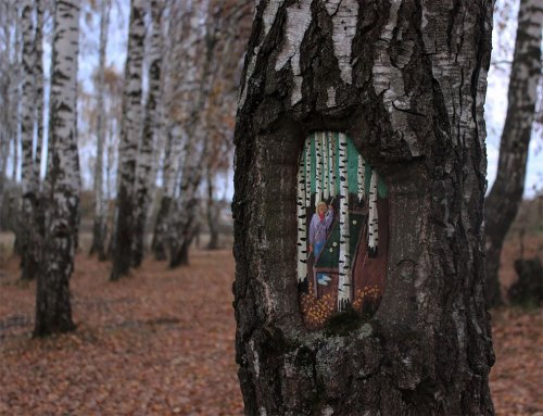 Картины Евгении Дудниковой на стволах деревьях, дополняющие пейзаж (7 фото)">