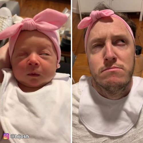 Молодой отец воссоздаёт выражения лица своей крошечной дочки, когда та пьёт молоко (8 фото + видео)