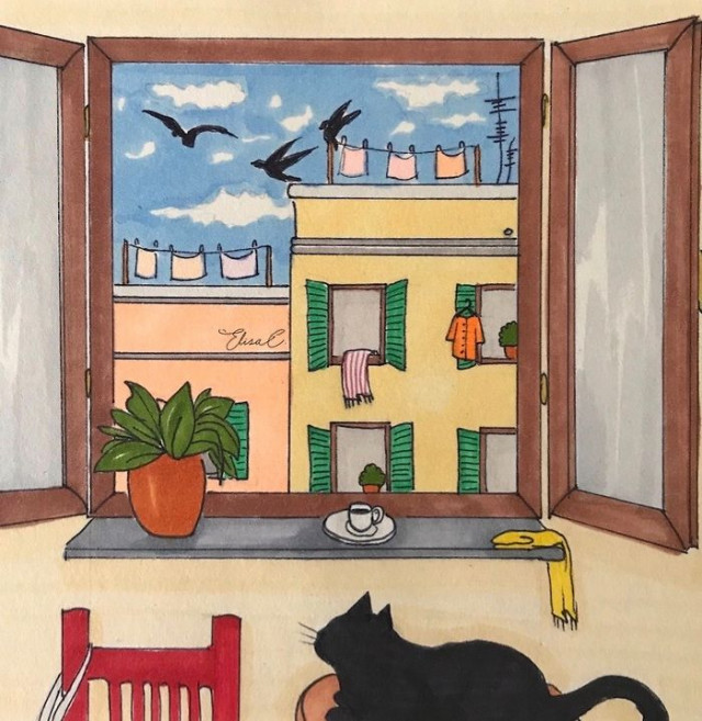 Итальянская художница изобразила свою повседневную жизнь вместе с кошкой во время карантина в Риме (26 фото)