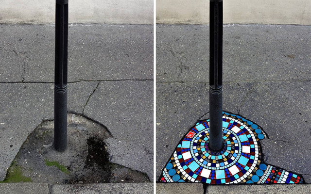Уличный художник заполняет выбоины в своём родном городе яркими мозаиками (28 фото)