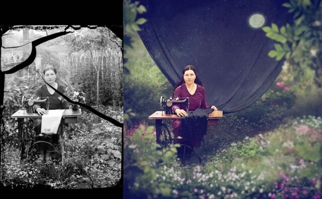 Художниця відновлює старі чорно-білі фотографії, надаючи їм сюрреалістичні штрихи.