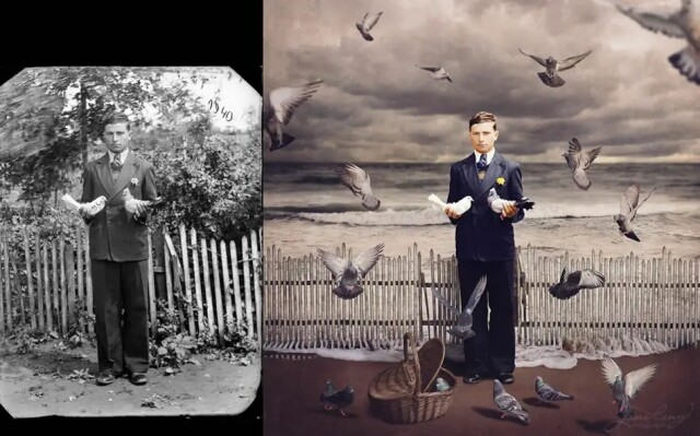 Художница восстанавливает старые чёрно-белые фотографии, придавая им сюрреалистические штрихи 
