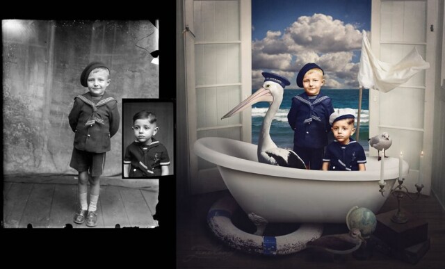 Художница восстанавливает старые чёрно-белые фотографии, придавая им сюрреалистические штрихи 