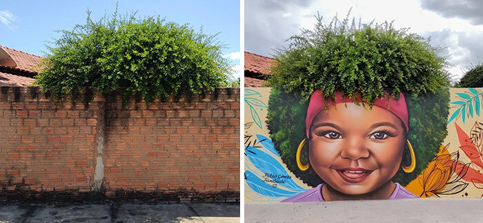Уличный художник деревья и кустарники делает неотъемлемыми оригинальными элементами уличного искусства (9 фото)