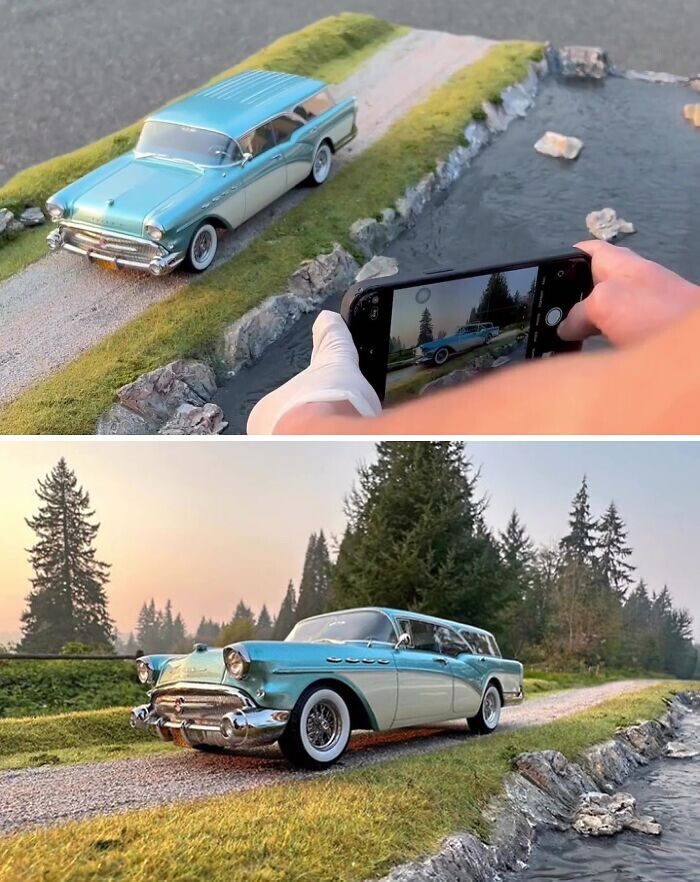 15-летний талантливый фотограф создаёт реалистичные сцены с помощью моделек автомобилей, показывая закулисные кадры (30 фото)