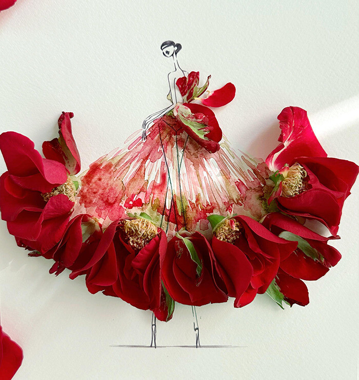 Художник объединяет моду с искусством, создавая красивые наряды с помощью акварели и цветов (29 фото)